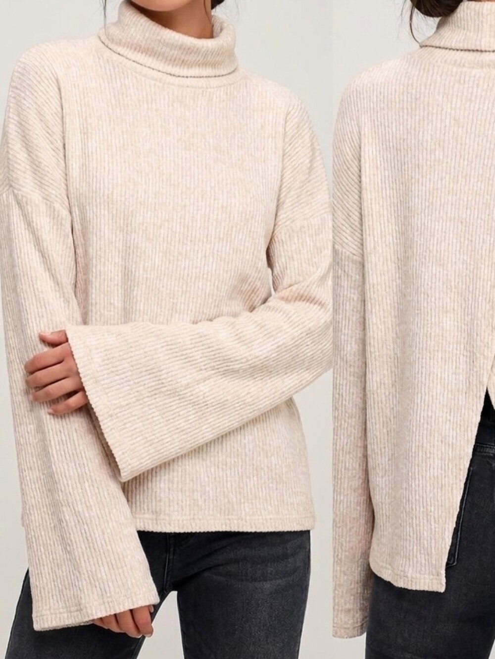 Lulus Cream Knit Turtleneck Bell Sleeve Overlap Split Back Sweater, XS, NWT - Picture 3 of 9